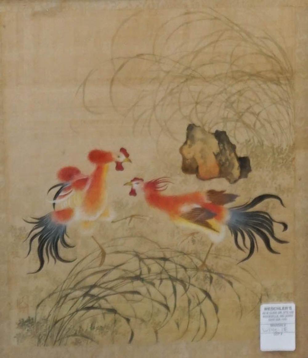 CHINESE, TWO CHICKENS FIGHTING, WATERCOLOR