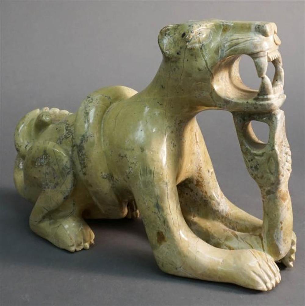 LIGHT GREEN STONE FIGURE OF A MYTHOLOGICAL