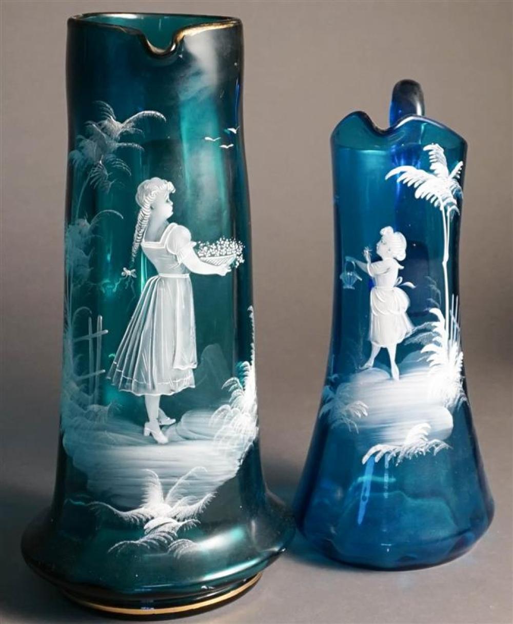 TWO MARY GREGORY-TYPE BLUE GLASS PITCHERS,