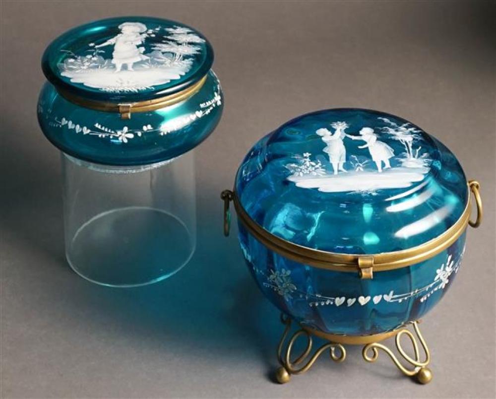 TWO MARY GREGORY-TYPE BLUE GLASS