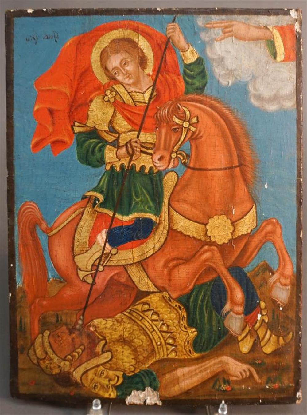 RUSSIAN ICON OF A SAINT IMPALING A SOLDIER,