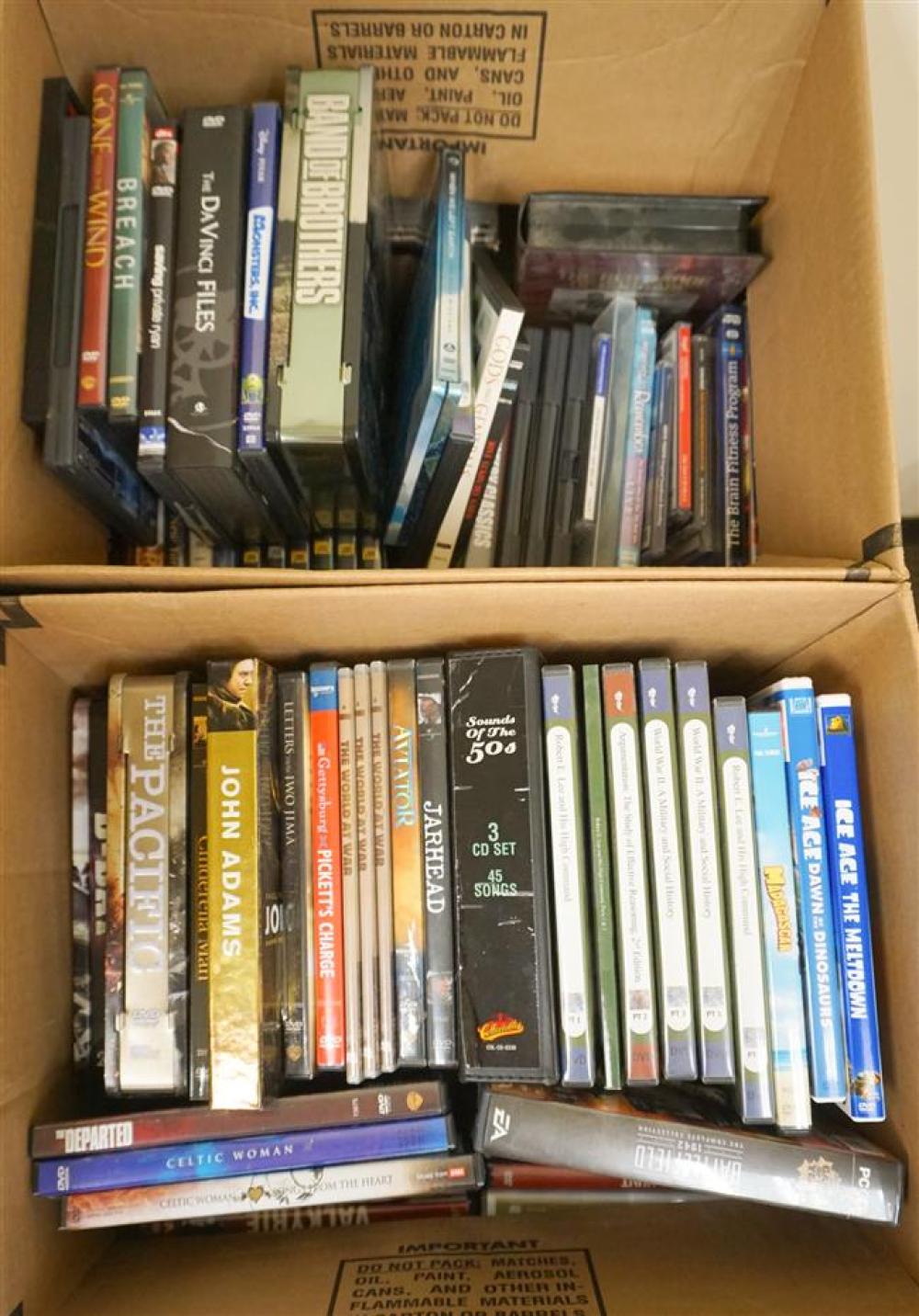TWO BOXES OF DVD'S AND CD'STwo