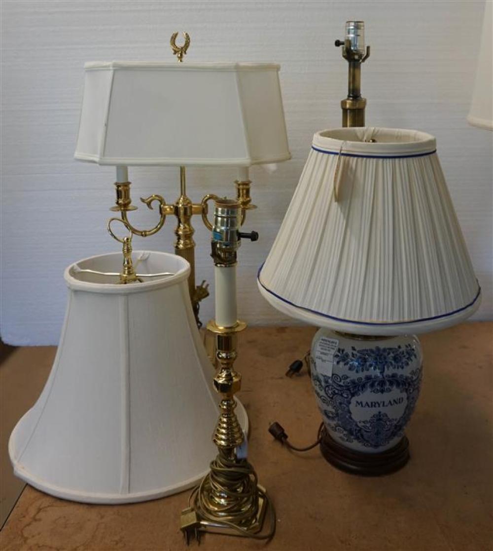 FOUR BRASS TABLE LAMPS AND A DELFT-TYPE