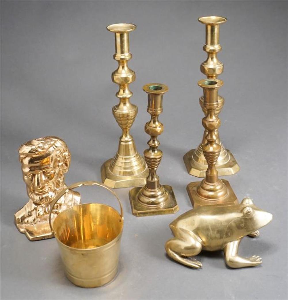 TWO PAIRS OF BRASS CANDLESTICKS