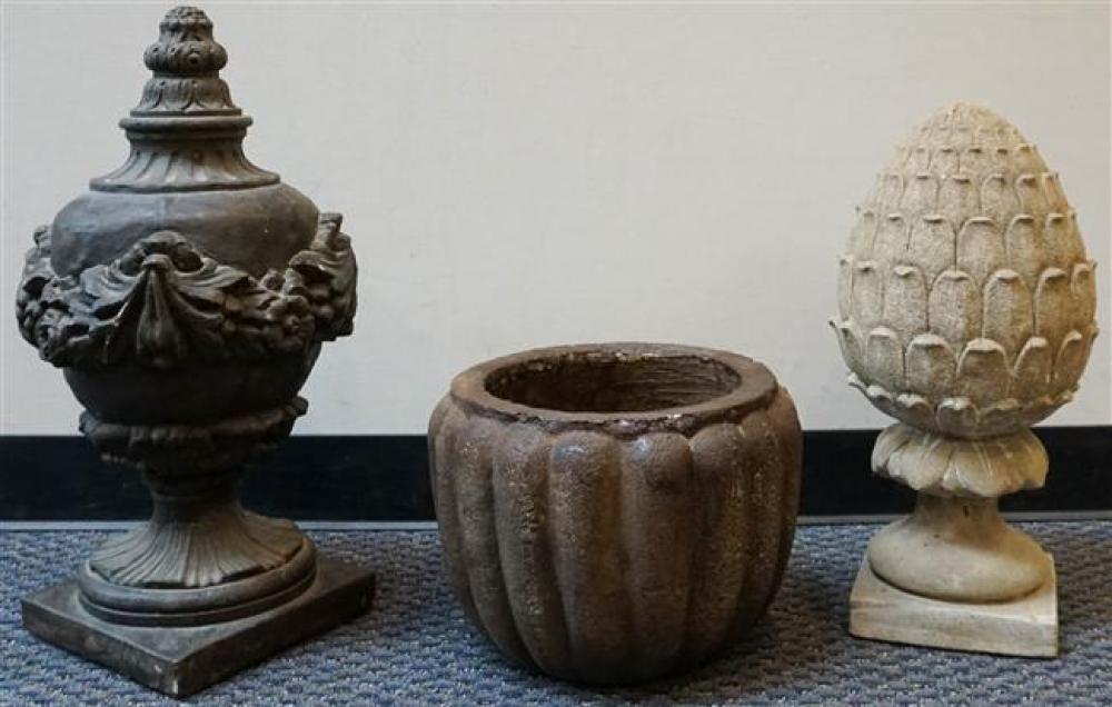 TWO CAST CEMENT FINIALS AND A JARDINIERETwo