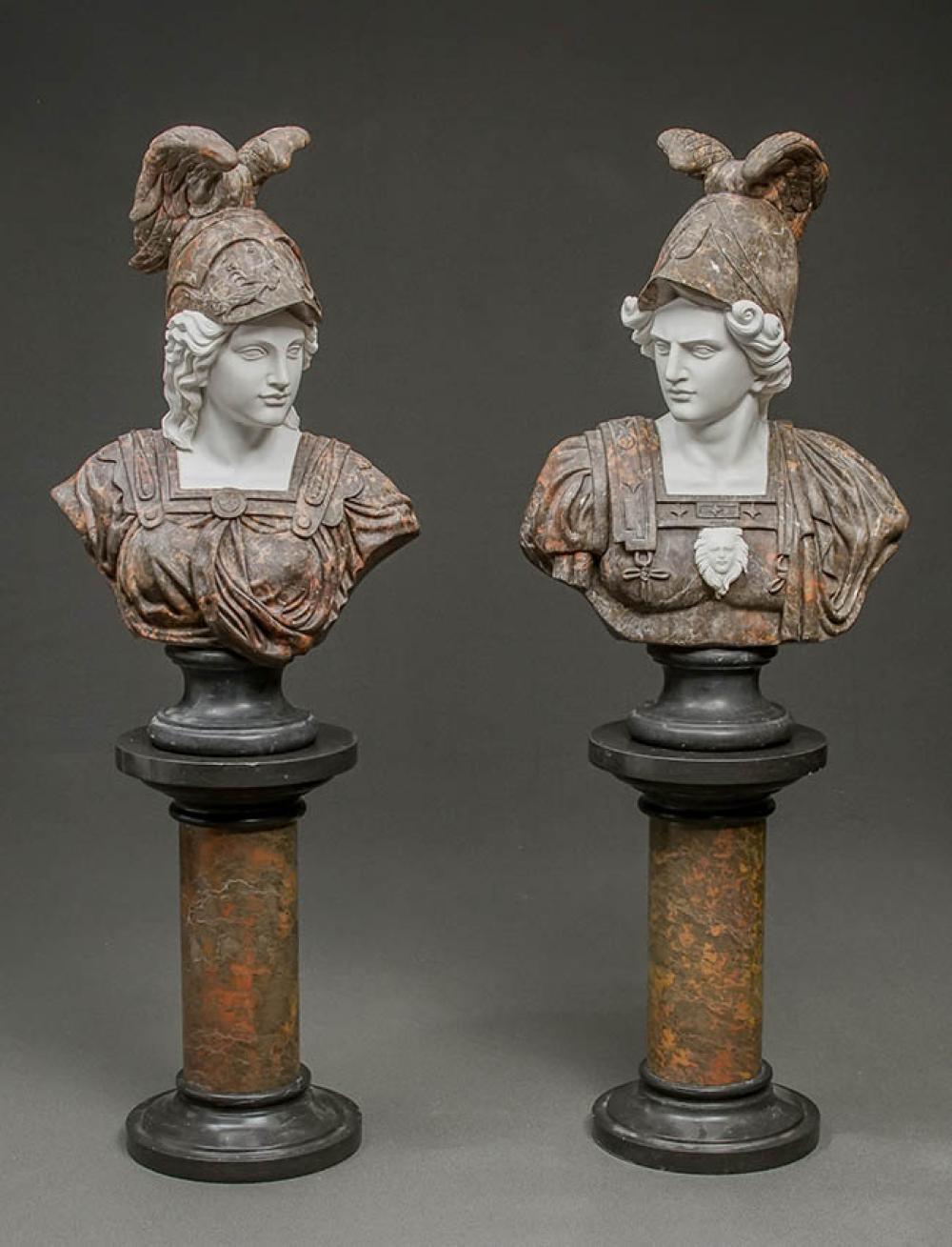 PAIR OF ROUGE-GRAY AND WHITE MARBLE