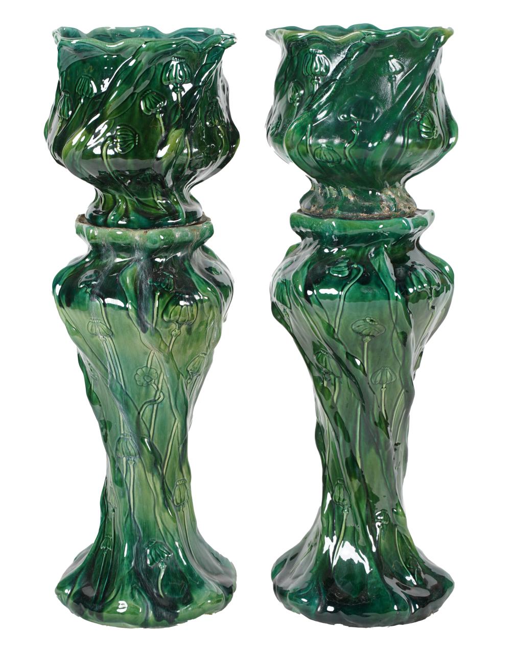 PAIR OF GREEN-GLAZED MAJOLICA URNS