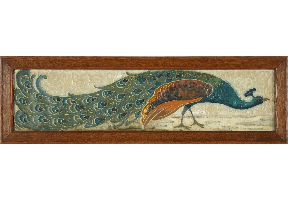 VINTAGE FRAMED DELFT POTTERY PEACOCK 324d75