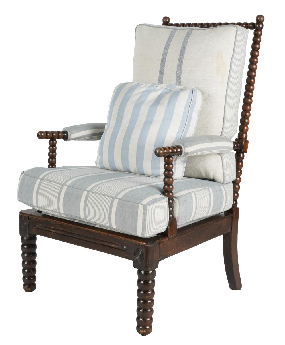 CURVED WOOD ARMCHAIRwith blue and