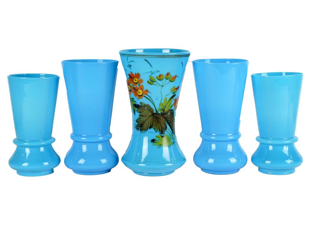 COLLECTION OF BLUE GLASS VASESunsigned;
