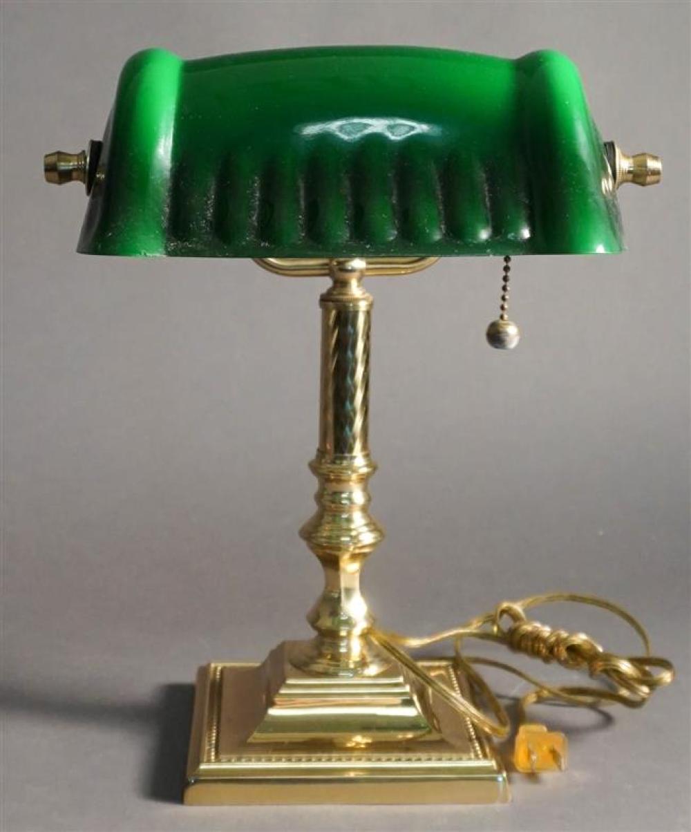 BRASS BANKERS LAMP WITH GREEN GLASS