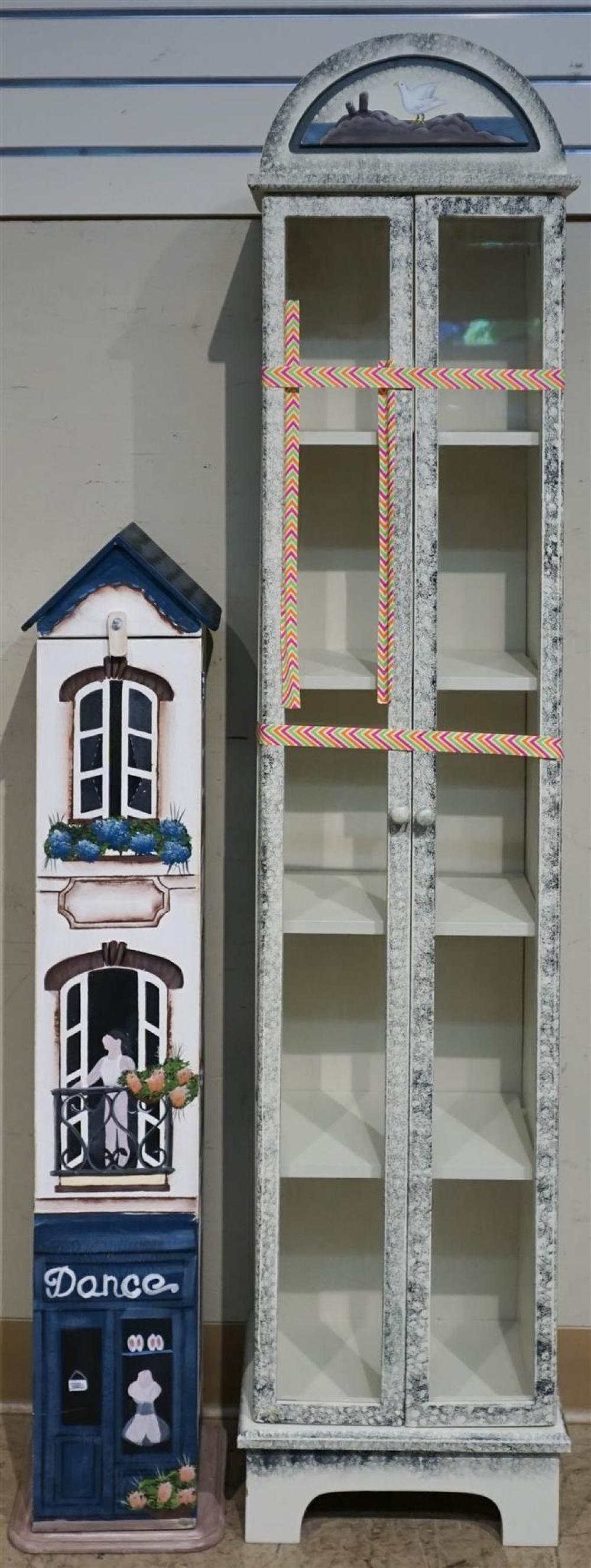 TWO DECORATED WOOD NARROW CABINETSTwo