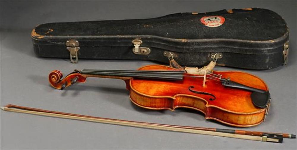 FRUITWOOD VIOLIN WITH BOW, WITH PAPER