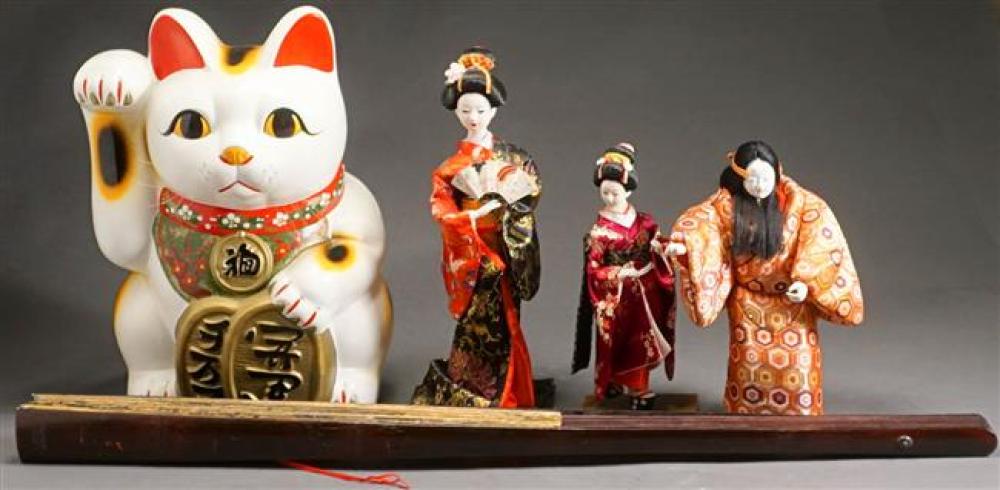 THREE JAPANESE DOLLS, A PLASTER CAT