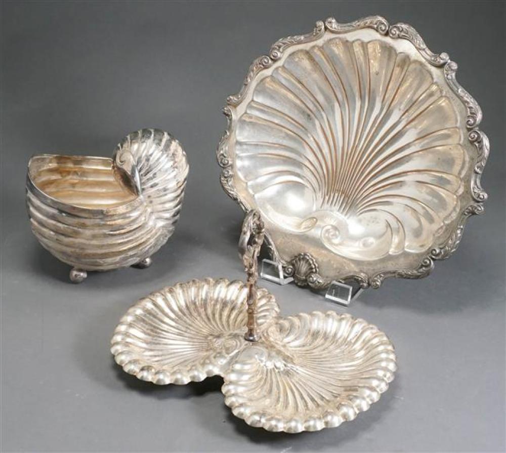 THREE SILVER PLATE SHELL-FORM SERVING