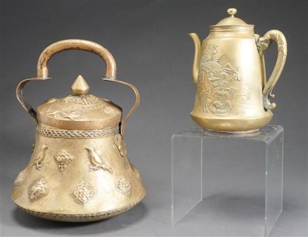 CHINESE BRASS TEAPOT AND A COVERED