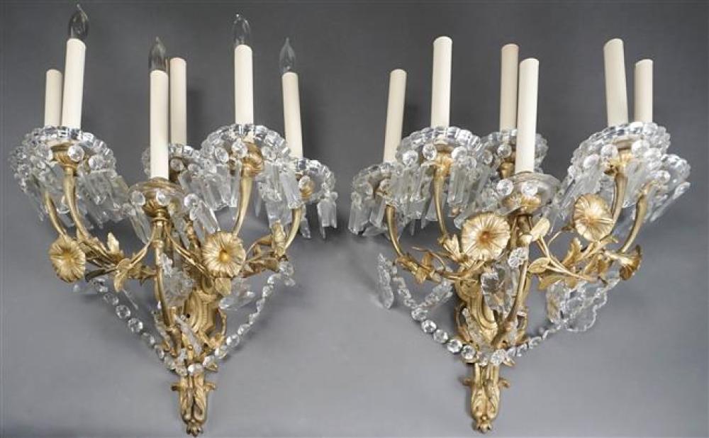 PAIR OF FRENCH GILT METAL AND CRYSTAL