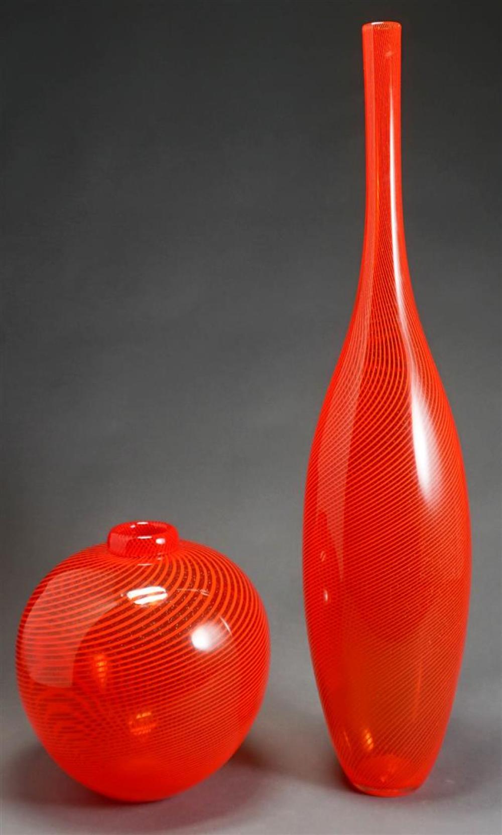 TWO MICHAEL SCHUNKE RED GLASS VASES,