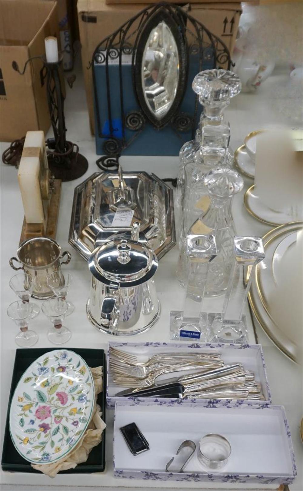 THREE GLASS DECANTERS, PLATED VEGETABLE