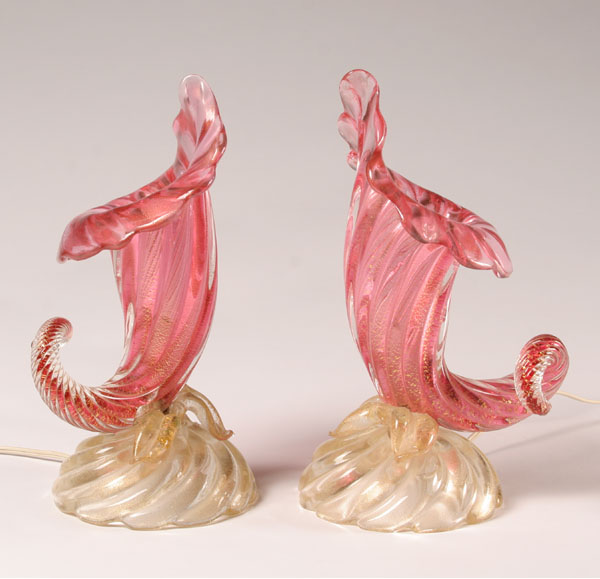 Pair Pink Cornucopia Art Glass