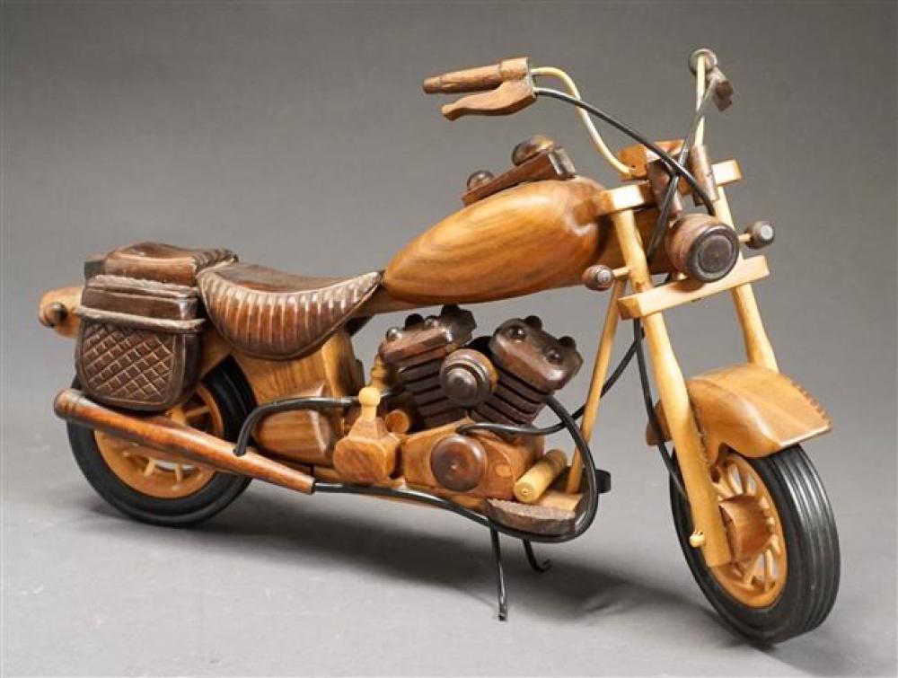 CARVED MIXED WOOD FIGURE OF A MOTORCYCLECarved