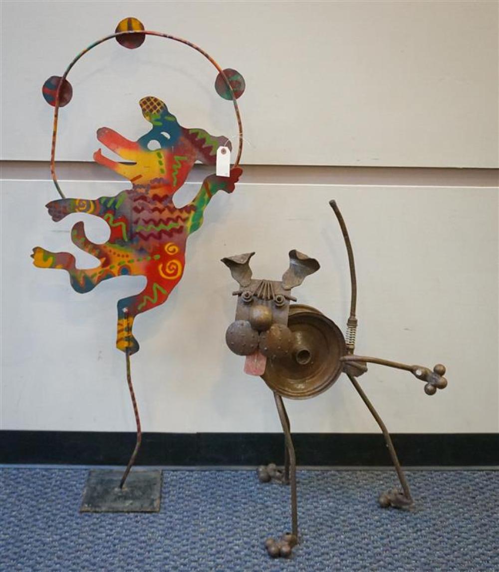 TWO FANCIFUL METAL FIGURES OF DOGS,