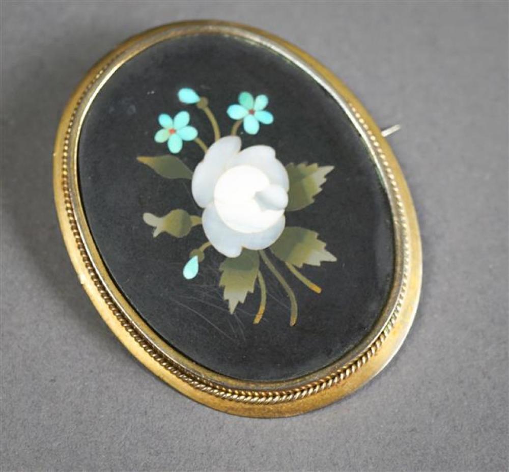 GOLD FILLED AND PIETRA DURA BROOCH  3252f8