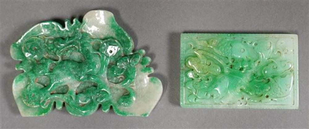 TWO CHINESE APPLE GREEN JADE CARVINGS,