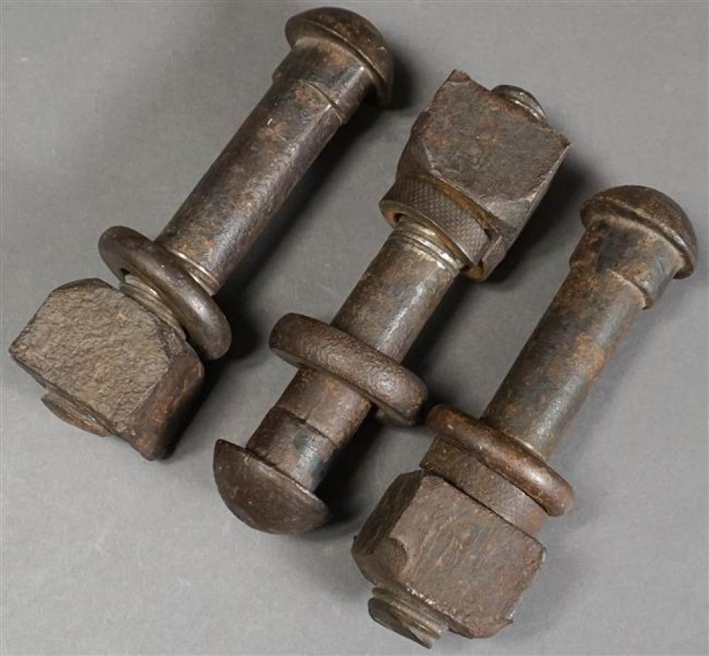 THREE INDUSTRIAL IRON BOLTS AND NUTS,