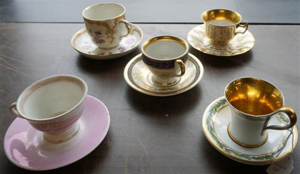 FIVE KPM PORCELAIN CUPS AND SAUCERSFive