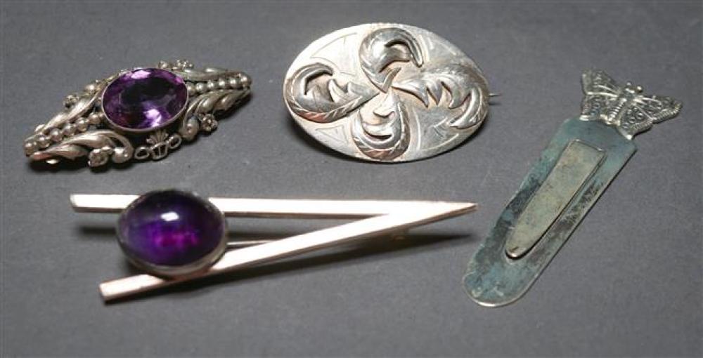THREE SILVER BROOCHES AND ENGLISH SILVER
