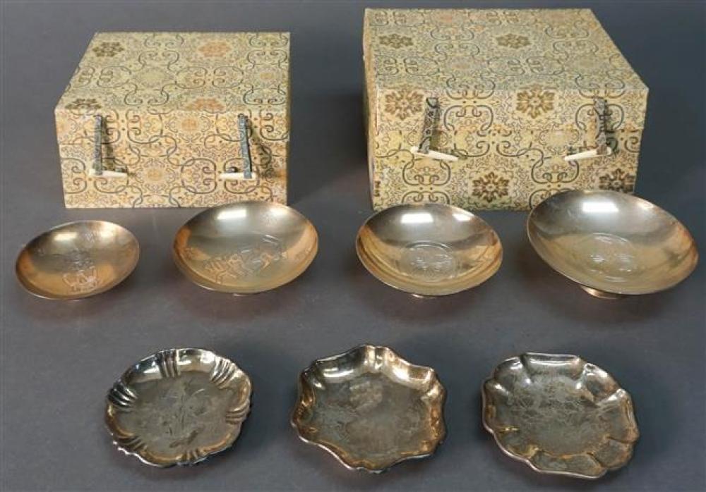 SEVEN SILVER SAKE CUPS IN CASESSeven