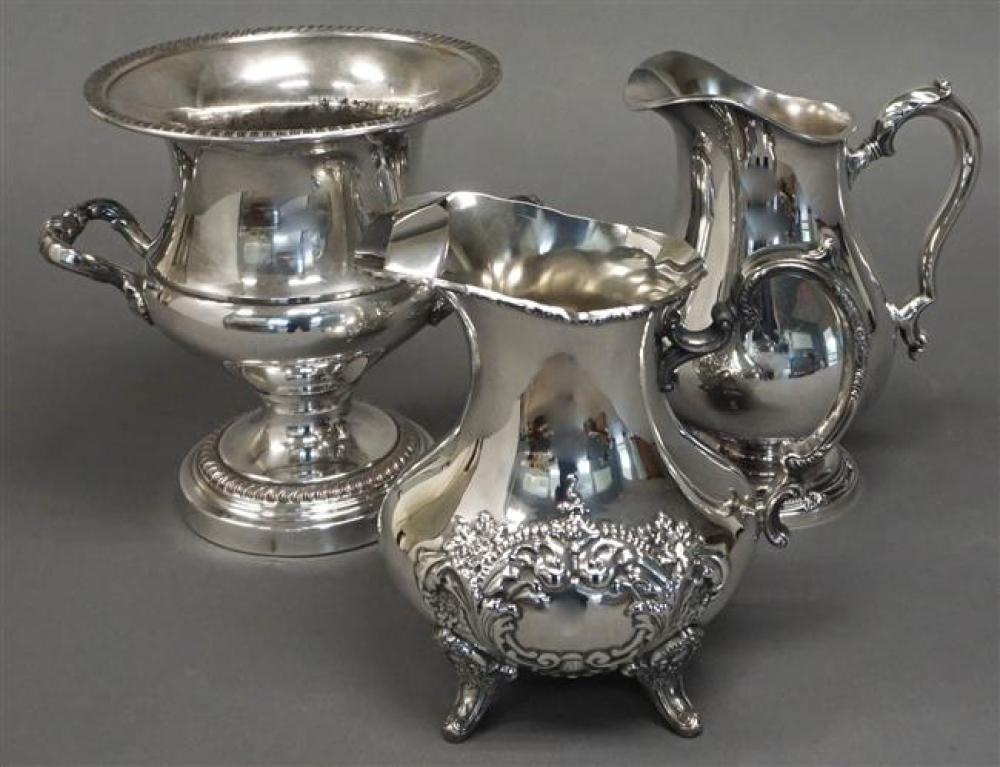 TWO SILVER PLATE PITCHERS AND A