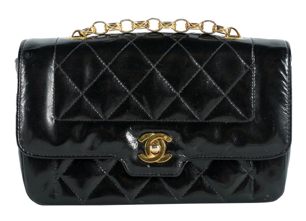 CHANEL QUILTED BLACK PATENT LEATHER