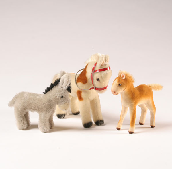 Steiff bridled pony, colt, and donkey;