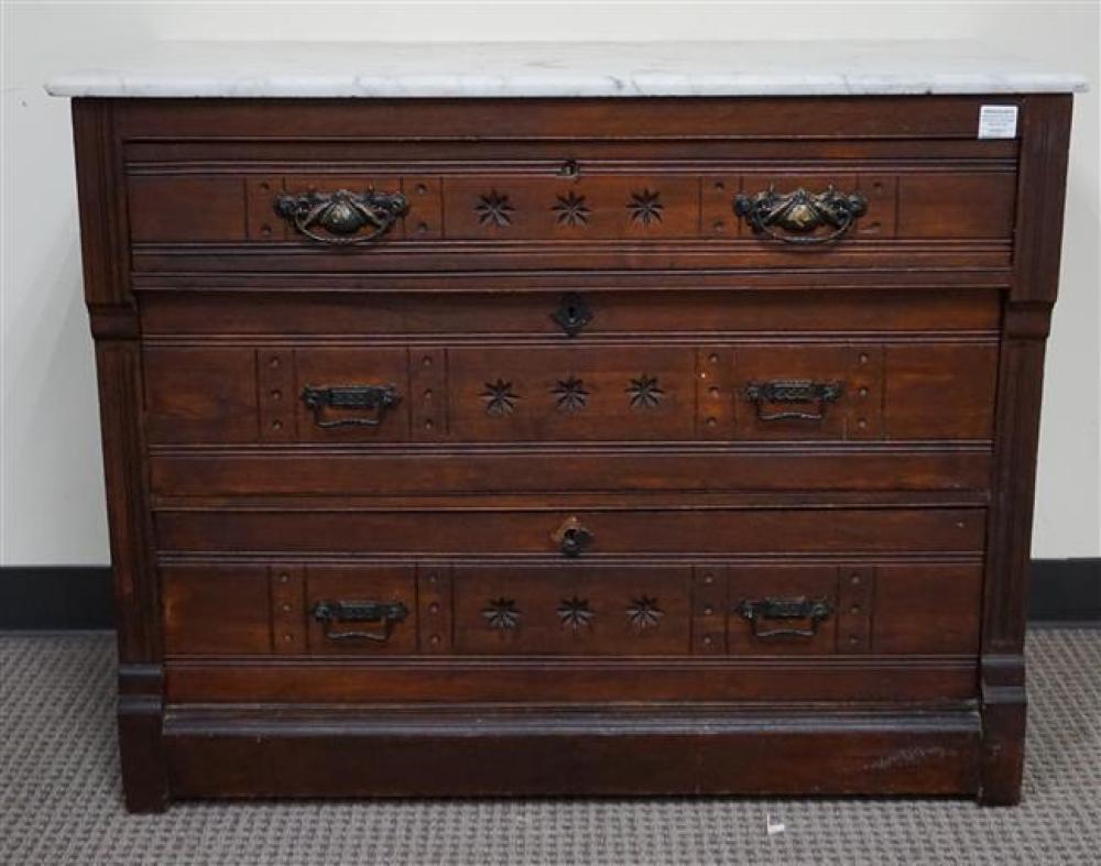 VICTORIAN WALNUT MARBLE TOP THREE-DRAWER