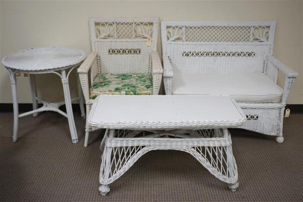 WHITE PAINTED WICKER SETTEE, ARMCHAIR,