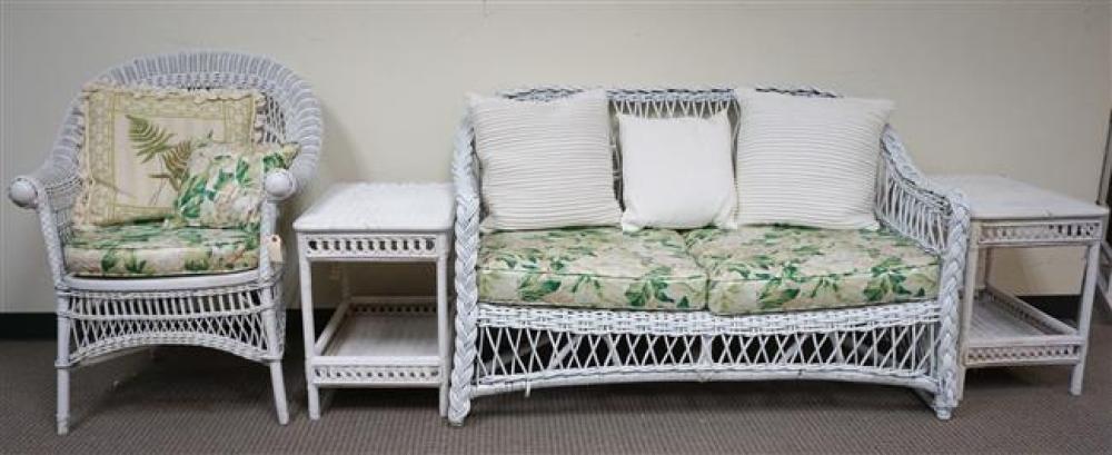 WHITE PAINTED WICKER SETTEE, ARMCHAIR