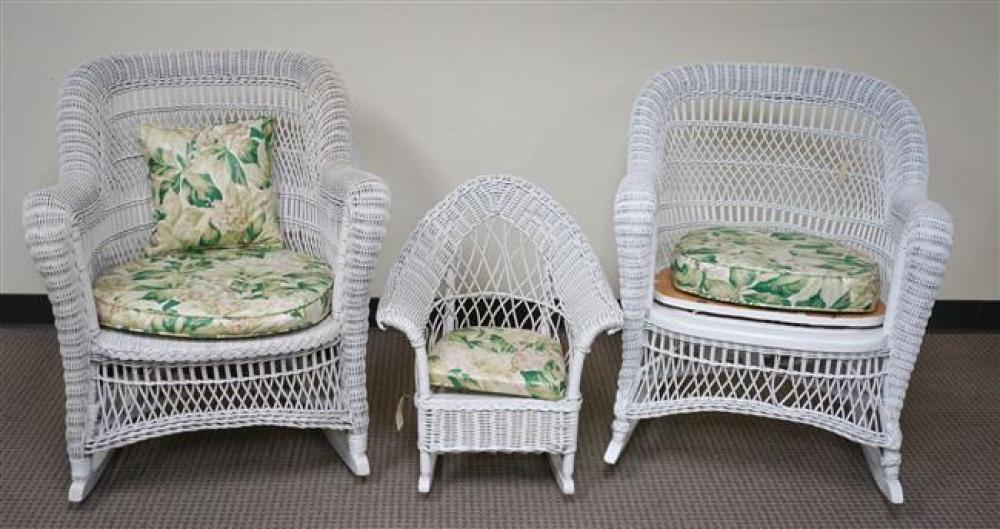 TWO WHITE PAINTED WICKER ARM ROCKERS