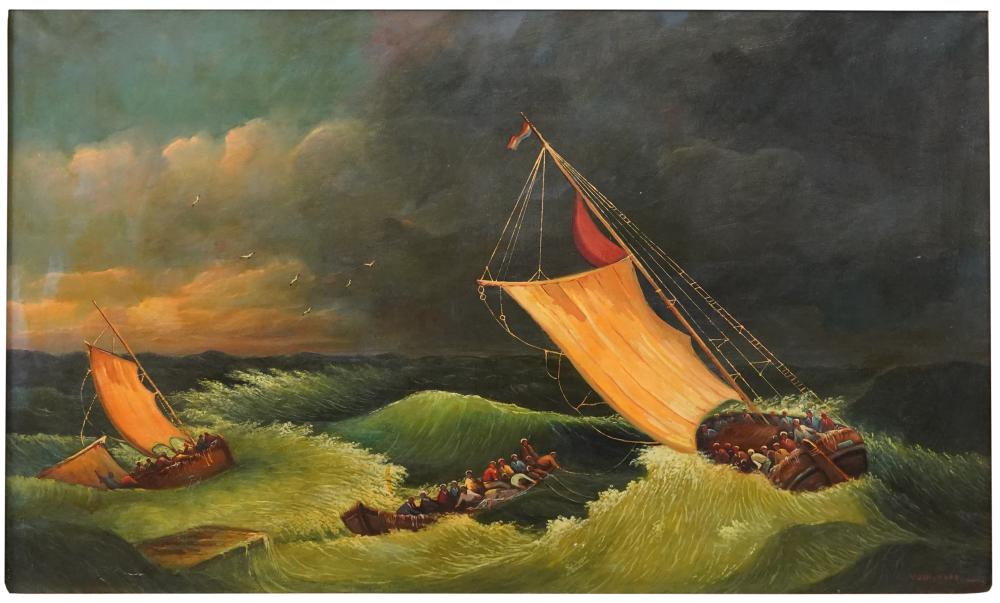 20TH CENTURY BOATS IN STORMY SEASoil 32575c