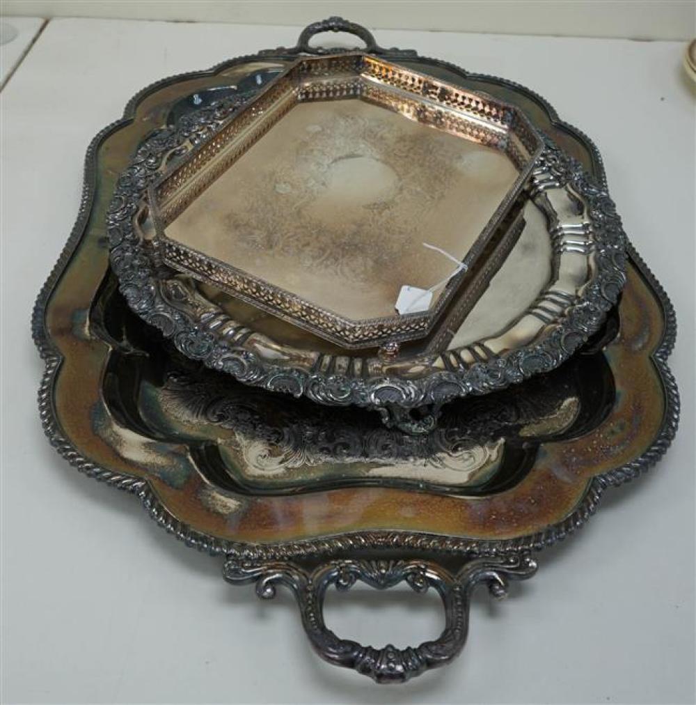 THREE ASSORTED SILVER PLATE TRAYSThree