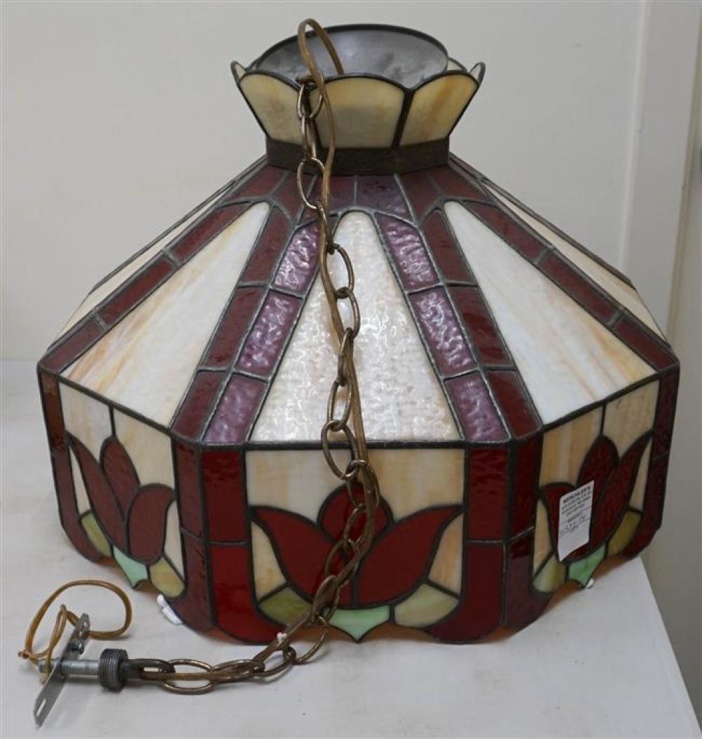 LEADED SLAG AND ART GLASS HANGING LIGHT