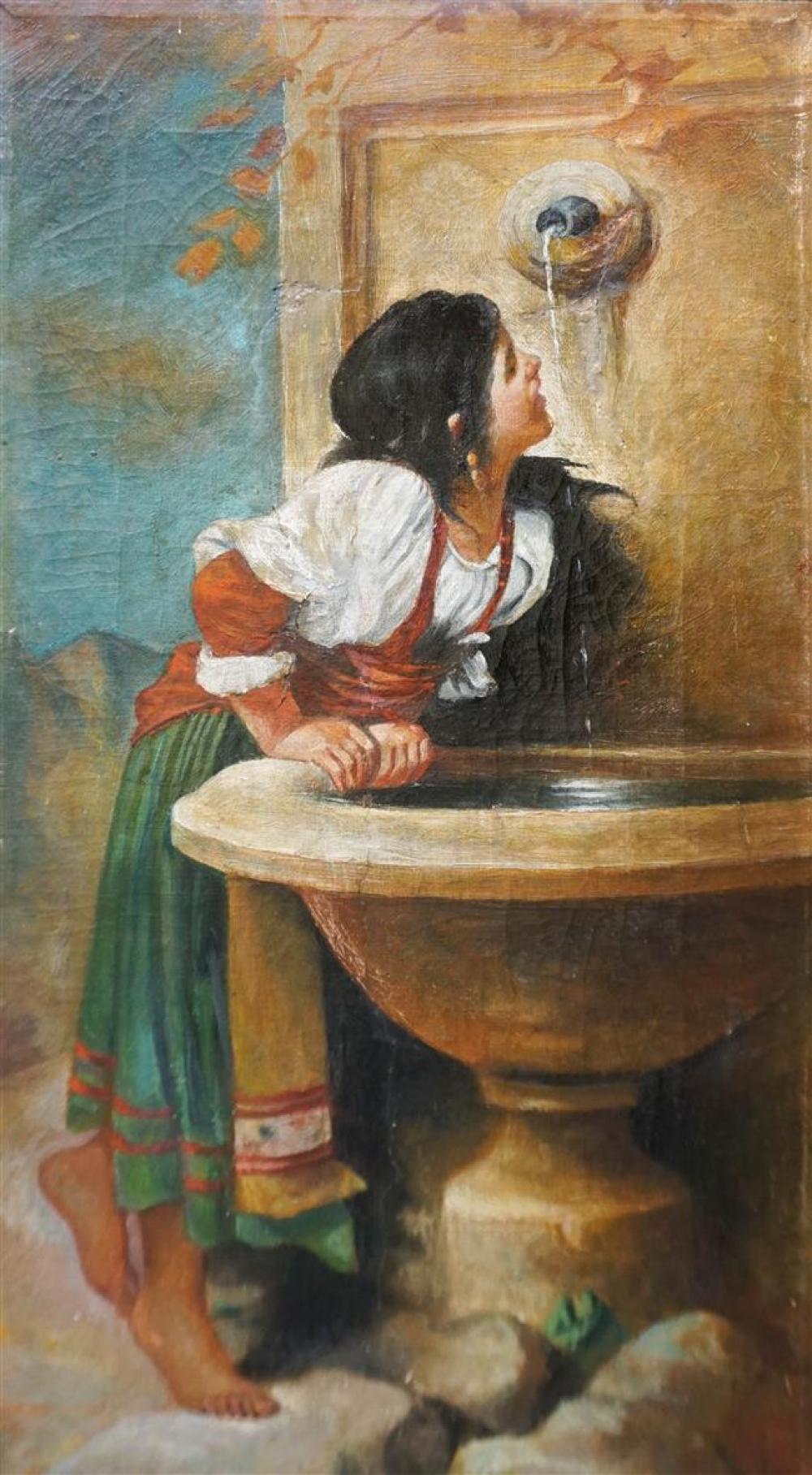 LADY AT A WATER FOUNTAIN, OIL ON CANVAS,