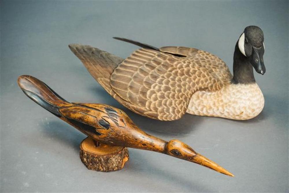 TWO CARVED WOOD BIRDS, LENGTH OF