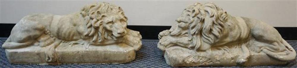 PAIR CAST CEMENT FIGURES OF LIONS  32597d