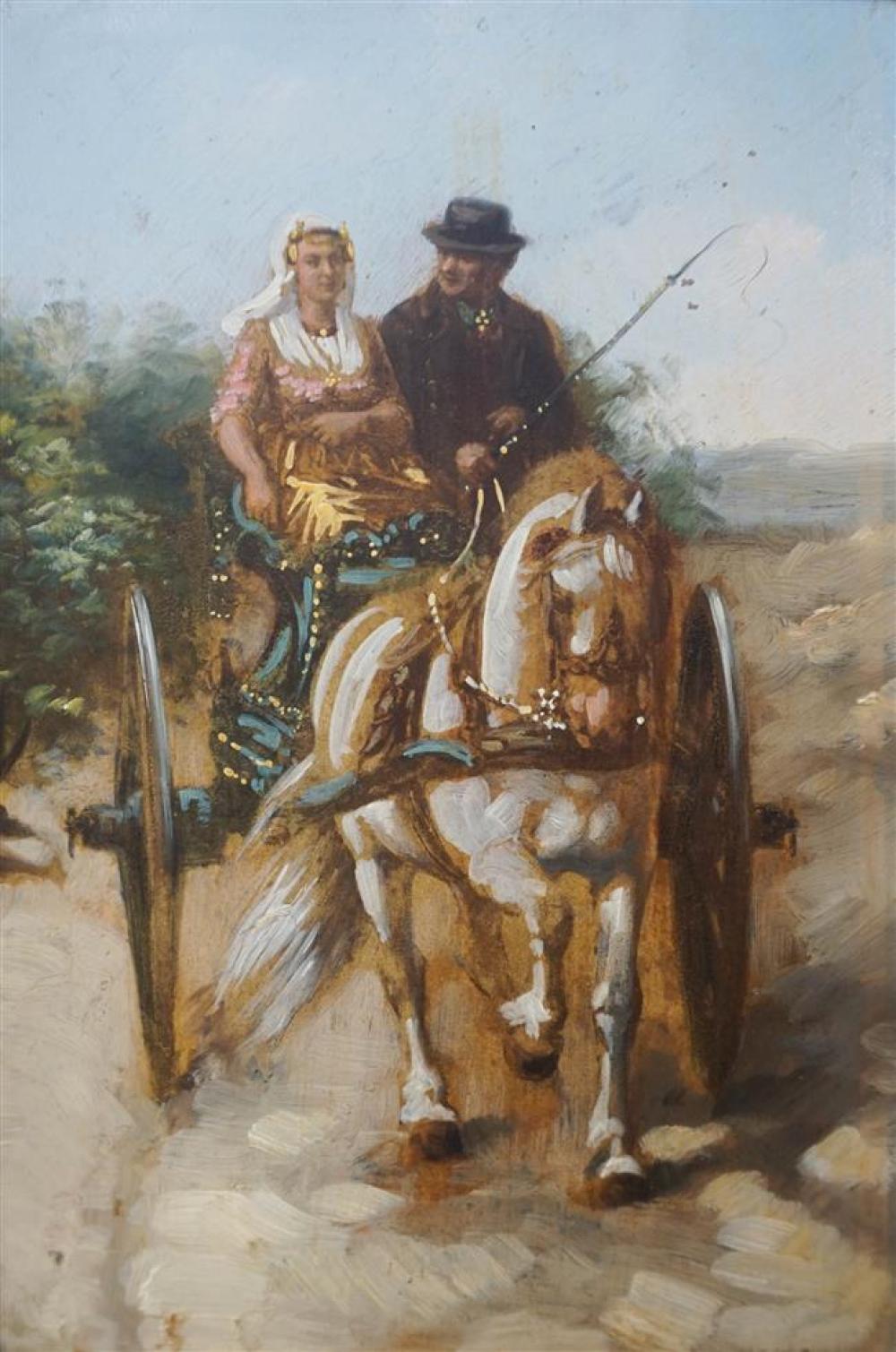 MAN AND WOMAN ON HORSE DRAWN CARRIAGE,