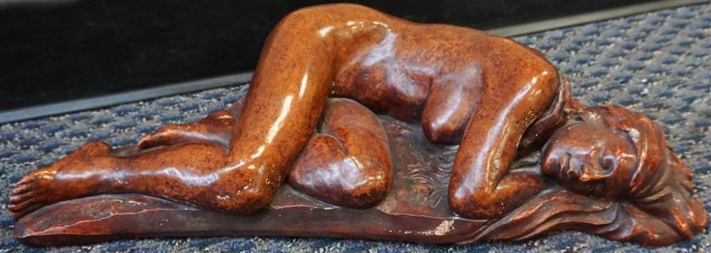 RED PLASTER FIGURE OF A RECLINING NUDE