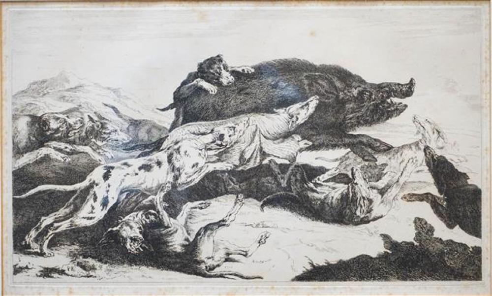 BOAR HUNT, ENGRAVING, FRAME: 16-1/2