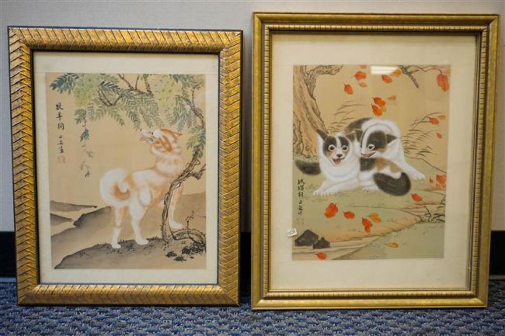 TWO CHINESE WATERCOLORS OF CAT AND DOG,