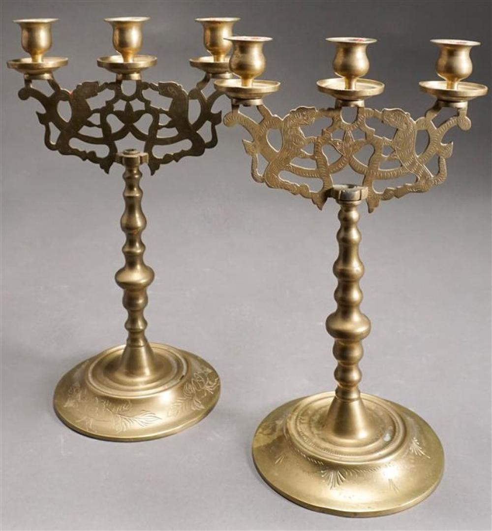 PAIR BRASS THREE-LIGHT CANDELABRAPair